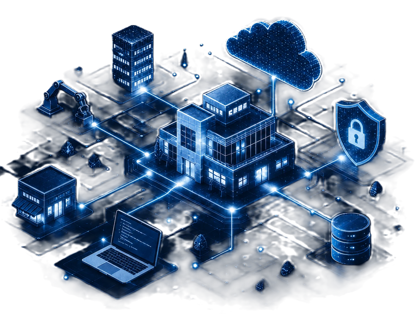 Infrastruttura digitale connessa che rappresenta azienda, cloud, automazione, dati e sicurezza